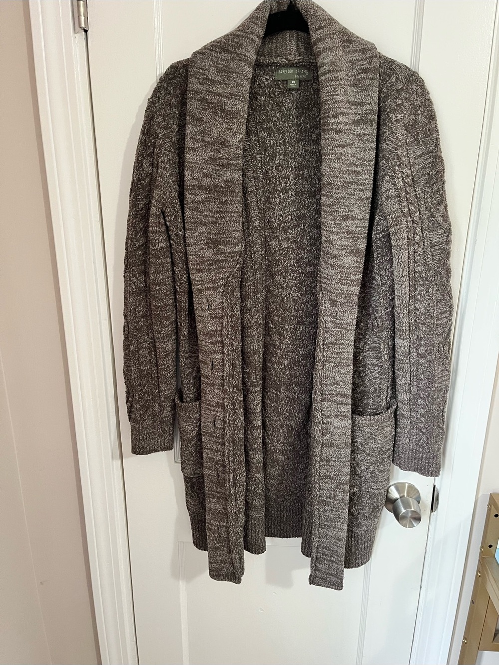 Barefoot Dreams Marled Brown Open-Front Cable Shawl Cardigan